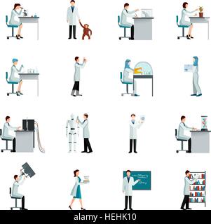 Scientist Decorative Icons Set. Scientists decorative flat color icons set with men and women doing research in laboratory on Stock Vector