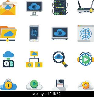Cloud Service Flat Color Icons . Cloud service flat color icons set of router smartphone laptop hub diskette sim card isolated Stock Vector