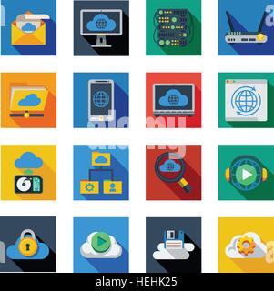 Cloud Service Icons In Colorful Squares . Cloud service icons in isolated colorful squares with smartphone server rack laptop Stock Vector