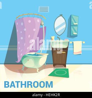 Bathroom Retro Design . Bathroom retro design with bath mirror water and soap cartoon vector illustration Stock Vector