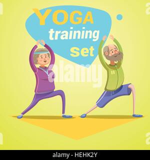 Yoga retro cartoon. Yoga retro cartoon with happy seniors making workout vector illustration Stock Vector