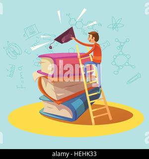 Education retro cartoon. Education retro cartoon concept with boy climbing on books vector illustration Stock Vector