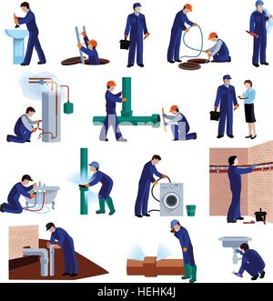 Plumber icons set. Plumber flat icons set with repair professional fixing water pipes isolated vector illustration Stock Vector
