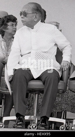 Seated during the Clark Air Force Base turnover ceremonies are from left to right, Foreign Minister of the Philippines, Carlos P. Romulo; Ambassador Richard W. Murphy; Philippine President and Mrs. Ferdinand Marcos; and Chairman of the Joint Chiefs of Staff, General David C. Jones. Carlos Romulo Clark Air Base 1979 Stock Photo