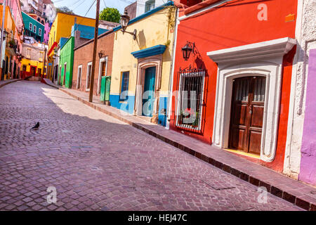 Red Pink Colorful Houses Narrow Street Guanajuato Mexico Stock Photo