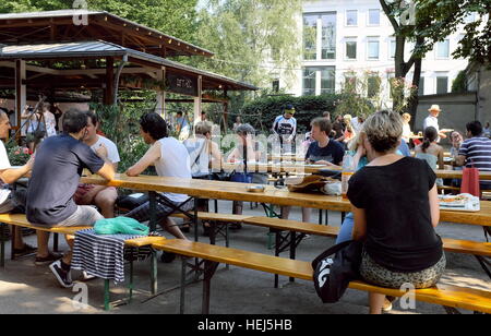 German beer garden in Berlin, Germany on a day when the posted heat was 40c