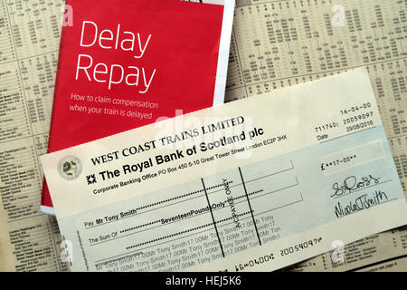 Cheque repayment for Delay Repay, from West Coast Trains,  Virgin, compensation for late rail journey Stock Photo