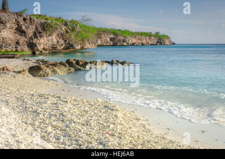 The Porto Mari white sand Beach with blue sky and crystal clear blue water in Curacao, a Caribbean Island Stock Photo