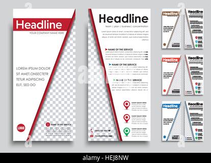 Set flyers size of 210h99 mm. Templates 2 white pages with colored diagonal elements, with space for a photo. Vector illustration. Stock Vector