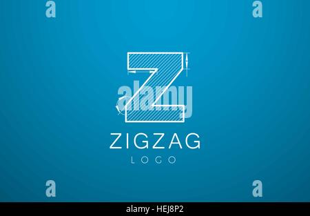 logo template letters Z, zigzaz, in the style of a technical drawing with dimension lines on a blue background. Vector illustration Stock Vector
