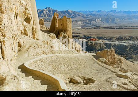 Cave city in Tibet capital of ancient Kingdom of Guge view from upper tiers. Stock Photo