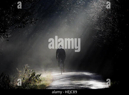 A man cycles through some early morning fog on a country lane near Copthorne in West Sussex. Stock Photo