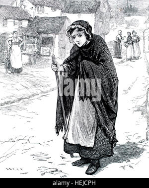 poor woman walking though Victorian village, illustration from 1884 Chatterbox weekly children’s paper Stock Photo