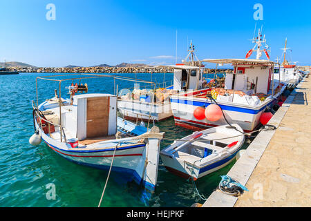 Fishing boats mooring in Naoussa port, Paros island, Greece Stock Photo