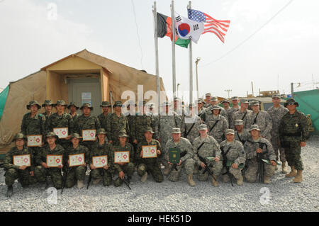 Members of Company C, 86th Brigade Special Troops Battalion, 86th Infantry Brigade Combat Team (Mountain), Task Force Wolverine, pose with their Republic of Korea counterparts after a ceremony July 27. The ceremony was to show appreciation to both teams for working together to get computer connectivity to the new Korean compound on Bagram Airfield. Unit coins and certificates of appreciation were awarded out to members of both units. US and Korea Soldiers Exchange Certificates 306661 Stock Photo