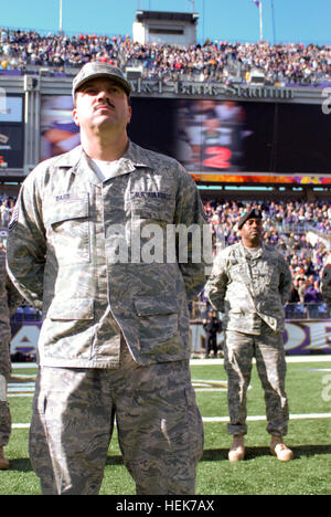 Select Maryland National Guard members were invited to M&T Bank Stadium to watch the Baltimore Ravens game Nov. 7, 2010. The Veteran's Day themed event featured a live feed to Iraq with Maryland Army National Guard Lt. Col. Nathan Crum, who is currently serving overseas. Maryland National Guard service members visit M& T; Bank Stadium Sunday November 7, for a Veterans Day celebration. 338548 Stock Photo