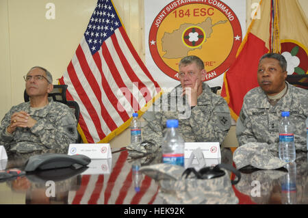 (From left) U.S. Army Maj. Gen. Gregory J. Vadnais, Michigan National Guard adjutant general, Maj. Gen. James D. Tyre, Florida Army National Guard assistant adjutant general, and Maj. Gen. Adolph McQueen Jr., commander of the 200th Military Police Command, look on during a sustainment operations briefing at Joint Sustainment Command - Afghanistan headquarters at Kandahar Airfield, Afghanistan, on Feb. 4, 2011. U.S. Army Brig. Gen. Philip R. Fisher, commander of Joint Sustainment Command - Afghanistan, hosted the briefing with Col. Clint E. Walker, JSC-A chief of staff, and Col. Craig M. Weaver Stock Photo