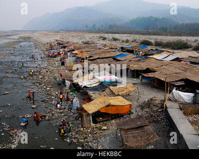 Indian people on the banks of the Kosi River at Garjia, Uttarakhand, India Stock Photo