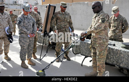 In this photo provided by ISAF Regional Command South, Army Command Sgt. Maj. Marvin L. Hill, ISAF command sergeant major, examines equipment at the monthly ISAF Command Sergeant Major Conference at Kandahar Airfield, Sept. 10. The focus of this conference was how to maximize safety, manpower and efficiency among the units in RC-S, particularly the utilization of enablers- tools and robotics that help service members identify improvised explosive devices before they can detonate. This enabler is a PSS-14, a mine detection system that fuses metal detection and ground-penetrating radar. CSM Hill Stock Photo