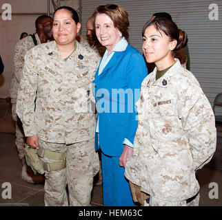 Representative Nancy Pelosi, the minority leader of the United States House of Representatives, visits with servicemembers stationed at Camp Leatherneck, Afghanistan, on Mother's Day May 13. During her speech she thanked the troops for their service and let them know their welfare is a high priority. 'I have nine grandchildren, five children; they know to expect that on Mother's Day I am doing what is most important to the well-being of my family and that is to pay my respects to our troops,' said Pelosi. Rep. Pelosi visits Camp Leatherneck for Mother's Day 120513-A-SS896-360 Stock Photo