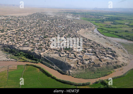 An aerial view from the window of a Blackhawk helicopter over Khawajah Bahawuddin, Badakhshan Province, Afghanistan, June 27, 2012. (37th IBCT photo by Sgt. Kimberly Lamb) (Released) 120627-A-LE308-129 Stock Photo