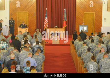 Hundreds gathered at Prichard Chapel Wednesday for a memorial service honoring Sgt. Aaron Scales who died unexpectedly Jun. 13 while conducting physical training during the basic phase of his Officer Candidate School training at Fort Benning, Ga.  Scales, a Fire Direction Specialist assigned to Headquarters, Headquarters Battery, 1st Battalion, 6th Field Artillery Regiment prior to becoming an officer candidate, collapsed near the finish of a five mile run.  Despite efforts of emergency medical personnel he was never revived and pronounced dead at Martin Army Community Hospital due to cardiac  Stock Photo