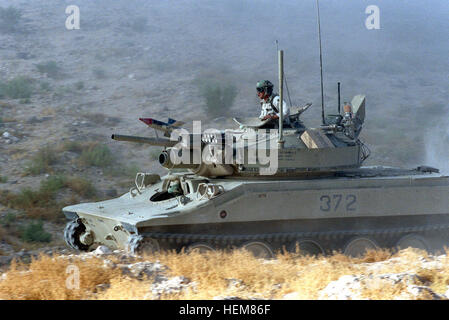 Sheridan tank visually modified to an amphibious infantry combat vehicle, (BMP) improved, in a battle exercise accomplished by 177th Armored Brigade at the National Training Center. Sheridan tank modified to resemble BMP Stock Photo