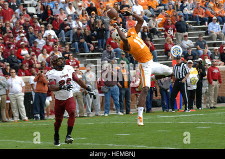 Tennessee Volunteers wide receiver Justin Hunter grabs a pass for a touchdown as Troy defensive back Bryan Willis defends the play during a Military Appreciation Day game at Neyland Stadium in Knoxville, Tenn., Nov. 3, 2012. The Volunteers beat the Troy Trojans, 55-48.  (U.S. Army photo by Leon Roberts/Released) Employees pay tribute to former district engineer, Vols coaching legend 121103-A-EO110-011 Stock Photo