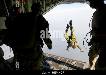 Special operations jumpers from the Canadian Special Operations Regiment, Green Berets of 7th Special Forces Group (Airborne) and Para-rescue Airmen from the Air Force Special Operations Command begin exiting a British C-130 from the Royal Air Force during a high altitude low opening parachute jump (HALO) Hurlburt Field, Fl., April. 25, 2013. Special operations members from coalition forces participated in HALO jumps during Exercise Emerald Warrior, Emerald Warrior is an exercise designed to provide irregular training at the tactical and operational levels. The exercise involved all branches o Stock Photo