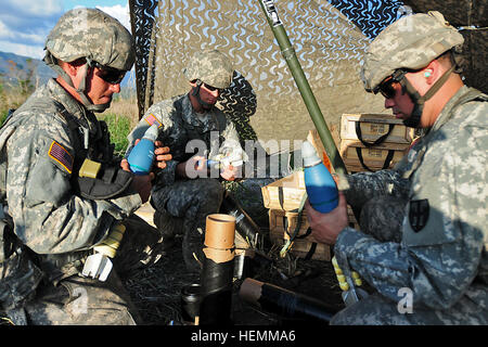 U.S. Soldiers assigned to Headquarters and Headquarters Company, Mortar Platoon, 1st Battalion, 296th Infantry Regiment, 101st Troop Command, Puerto Rico Army National Guard, prepare 81 mm training rounds to be used on the 81 mm mortars prior to a training fire mission at Camp Santiago Joint Maneuver Training Center, Salinas, Puerto Rico, July 15, 2013. The Soldiers conducted their 2013 annual training in which members had the opportunity to hone and maintain their proficiency in the equipment assigned to them.  (U.S. Army National Guard photo by Staff Sgt. Joseph Rivera Rebolledo/Released) He Stock Photo