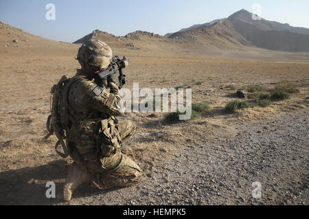 U.S. Army Capt. Richard Foote with Battery B, 3rd Battalion, 82nd Field Artillery Regiment, 2nd Brigade Combat Team, 1st Cavalry Division, pulls security while an Afghan National Policeman establishes an entry control point in Bagram, Parwan province, Afghanistan, Sept. 7, 2013.  ANP are one of the critical elements of the Afghan National Security Forces that have assumed responsibility for security throughout Afghanistan. (U.S. Army photo by Spc. Alexander Naylor/ Released) Battery B, 3-82 FA and Afghan National Police conduct entry control points 130907-A-KP730-143 Stock Photo