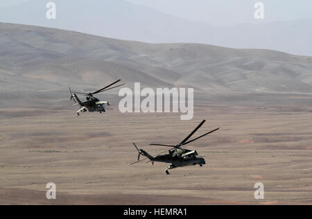 Two Afghan air force Mi-35 helicopters prepare to turn around after shooting targets during an air to ground integration (AGI) exercise in Logar province, Afghanistan, Sept. 18, 2013. The AGI exercise was to train Afghan National Army soldiers with 4th Infantry Brigade, 203rd Corps, how to coordinate air space.  (U.S. Army photo by Staff Sgt. Elvis Umanzor/Released) Afghan forces learn air to ground integration 130918-A-TN552-102
