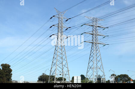 Australian Power lines and towers in Melbourne Victoria Australia Stock Photo