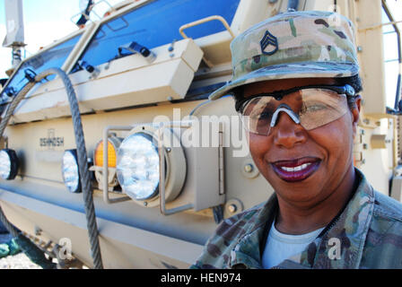 Staff Sgt. Sheila D. Lucious needs more than six zeroes to calculate hers. And counting. The 54-year-old Columbus, Ga., noncommissioned officer serving here in northern Afghanistan with the Georgia National Guard 1230th Transportation Company has racked up more than one million miles as a commercial truck driver on America’s highways and byways. She’s has hauled beer from St. Louis to Pennsylvania, car parts from Mississippi to Montreal and freshly sliced beef from Kansas to Chicago. More than 1 million miles 131203-A-AB123-001 Stock Photo