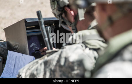 FORT IRWIN, Calif. - A U.S. Army Soldier, assigned to 977th Military Police Company, 97th Military Police Battalion, 1st Infantry Division, conducts communication checks on an AeroVironment RQ-11 Raven prior to launch during a training operation at the National Training Center, April 19, 2014. The Raven is a small hand-launched remote- controlled unmanned aerial vehicle (UAV) used to show higher command a birds eye view of a specific terrain.  (U.S. Army photo by Sgt. Richard W. Jones Jr., Operations Group, National Training Center) Raven training operation 140419-A-QU939-668 Stock Photo