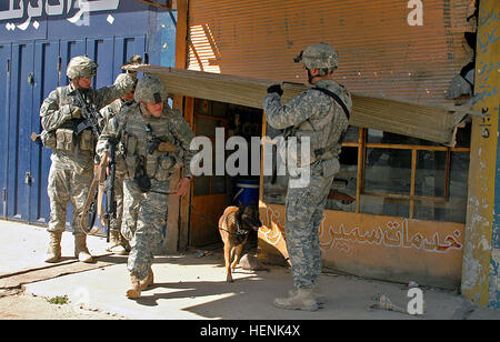 Soldiers of 1st Platoon, Company D, 1st Battalion, 8th Infantry Regiment from Fort Carson, Colo., lift a door for Petty Officer 3rd Class Josh Raymond and his military police dog after searching the building for explosives during a clearing operation in Mosul, Iraq, April 1. Iraqi Army Division led raid on Mosul neighborhood finds car bomb factory 83275 Stock Photo