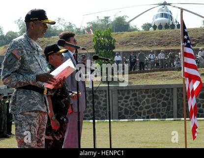 U.S. Army Gen. Vincent K. Brooks, U.S. Army Pacific commanding general, delivers remarks during an opening ceremony that kicked off the largest peacekeeping training event this year at the Indonesia Peace and Security Center, Sentul, Indonesia, Aug. 19, 2014. More than 800 participants representing 21 nations are participating in the Global Peace Operations Initiative Capstone Training Event Garuda Canti Dharma 2014 from Aug. 19 to Sept. 1, 2014 in Sentul, Indonesia. Training events such as this contribute to regional peacekeeping training capacity and strengthen multinational cooperation. Fro Stock Photo