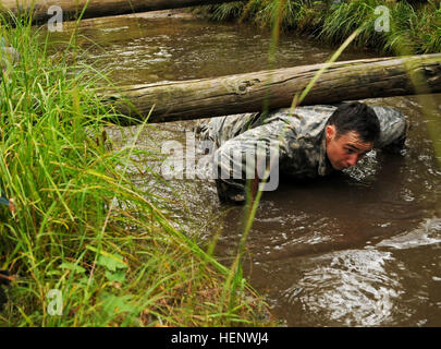 Spc. Beau Pratt, a medic assigned to the 82nd Airborne Division, navigates the obstacle course at the Division’s Pre-Ranger Course Oct. 7, on Fort Bragg, N.C. The obstacle course was part of the All American Best Medic Competition, which evaluates the medics’ tactical and technical proficiency in a variety of scenarios. The winning team will go on to compete in the Army-wide competition next month at Fort Sam Houston, Texas. (Sgt. 1st Class Joseph Armas/82nd Airborne Division) All American Best Medic Competition a test of mental and physical fortitude 141007-A-PX133-017 Stock Photo