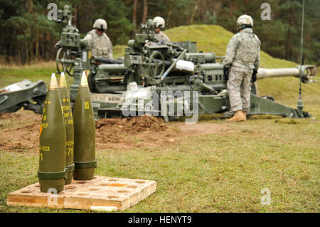 155mm rounds stand ready to be fired with M777 howitzers by U.S. Soldiers, assigned to Field Artillery Squadron, 2nd Cavalry Regiment, during a direct fire exercise at the Grafenwoehr Training Area, Germany, Nov. 17, 2014. (U.S. Army photo by Visual Information Specialist Markus Rauchenberger/released) 2nd Cavalry Regiment M777 direct fire training 141117-A-BS310-001