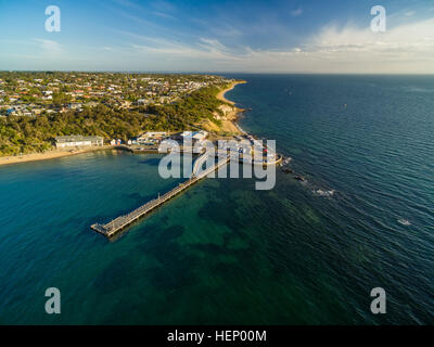 Aerial landscape view of Black Rock suburb pier and yacht club at sunset. Melbourne, Victoria, Australia Stock Photo