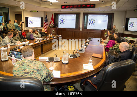 Maj. Gen. Les Simpson, commanding general of the 36th Infantry Division, Texas Army National Guard, speaks to a group assembled to honor the life and work of Dr. Martin Luther King Jr.  The observance ceremony, which was hosted by U.S. Army South at Joint Base San Antonio on Jan. 22, 2015, included Maj. Gen. Joseph P. DiSalvo, commanding general of U.S. Army South and three senior liaison officers from Chile, Colombia, and Brazil. (36th Infantry Division photo by MAJ Randy Stillinger) 36th ID commanding general speaks at US Army South MLK Observance 150122-A-AF730-354 Stock Photo