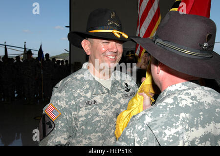 Dallas native Command Sgt. Maj. Glen Vela (left), the incoming command sergeant major for the 1st Air Cavalry 'Warrior' Brigade, 1st Cavalry Division, accepts the brigade guidon from Cleveland native Col. Douglas Gabram (right), commander of the Warriors, during a change of responsibility ceremony at Gray Army Air Field, Fort Hood, Texas, June 26. The passing of the guidon symbolizes handing the responsibility of the brigade from the commander to the incoming command sergeant major. The outgoing sergeant major, Sutter Creek, Calif. native Command Sgt. Maj. Scott Spiva (not pictured), will be h Stock Photo