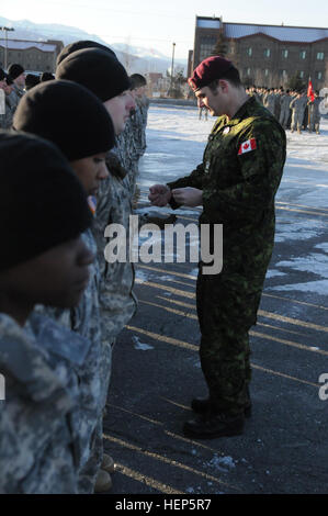 Warrant Officer Peter Filis, a jump master with the Princess Patricia’s Canadian Light Infantry (PPCLI), Canadian Army, presents Canadian jump wings to a paratrooper from the 4th Infantry Brigade Combat Team (Airborne), 25th Infantry Division during a wing exchange ceremony Feb. 26, 2015, at Joint Base Elmendorf-Richardson, Alaska. Also during the ceremony, Canadians were presented American jump wings earned with their partnership jump on Feb. 24. (U.S. Army photo by Sgt. Brian Ragin/Released) Spartans fly high with northern neighbors 150226-A-WX507-579 Stock Photo