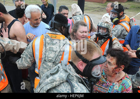 Soldiers from the Georgia National Guard’s 179th Military Police Company try to restore order at the decontamination entry point during Vigilant Guard in Georgetown, S.C., March 10, 2015. Vigilant Guard is a series of federally funded disaster-response drills conducted by National Guard units working with federal, state and local emergency management agencies and first responders. (Georgia Army National Guard photo by Sgt. Chris Stephens) Vigilant Guard 2015 150310-A-WV152-952 Stock Photo