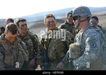 British officer cadets from the Royal Military Academy Sandhurst joined U.S. Army paratroopers from 1st Battalion, 503rd Infantry Regiment, 173rd Airborne Brigade, during various combined arms demonstrations and live fire events, here March 12, 2015. (U.S. Army photo by Spc. Brett Hurd) British Army cadets join US 173rd Airborne Brigade in Germany 150311-A-SC984-003 Stock Photo