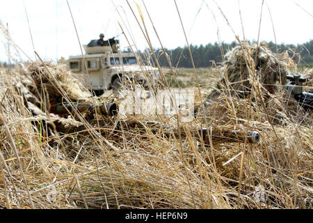 British officer cadets from the Royal Military Academy Sandhurst joined U.S. Army paratroopers from 1st Battalion, 503rd Infantry Regiment, 173rd Airborne Brigade during various combined arms demonstrations and live fire events, here March 12, 2015. (U.S. Army photo by Spc. Brett Hurd) British Army cadets join US 173rd Airborne Brigade in Germany 150311-A-SC984-004 Stock Photo