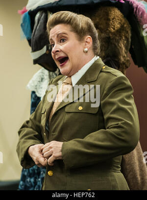 Kate Campbell Stevenson performs as Bessie Coleman during her one-woman show, 'Women: Back to the Future' at the U.S. Army Forces Command and U.S. Army Reserve Command headquarters at Fort Bragg, N.C., March 17, 2015. Portraying Coleman, Louis Arner Boyd and Eleanor Roosevelt, Stevenson dressed in period clothing and shared the women's stories in song and monologues to show how they overcame gender-based and societal obstacles to achieve personal and historical success. “Women’s stories have been there all along, we just have to be willing to dig to find them,” said Stevenson. “I present these Stock Photo