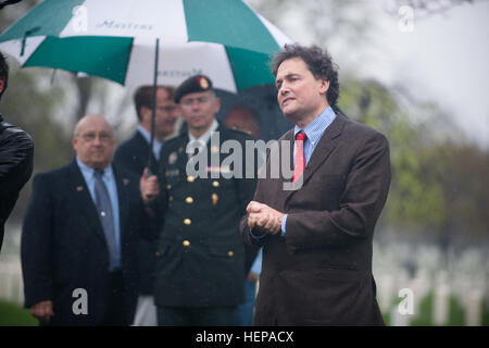 The Belgian Duke of Arenberg speaks to cameras, near the Battle of the Bulge memorial, during his visit to Arlington National Cemetery, April 14, 2015, in Arlington, Va. The Belgian Duke of Arenberg also laid a wreath at the Tomb of the Unknown Soldiers and visited the President John F. Kennedy Gravesite. (Arlington National Cemetery photo by Rachel Larue) Belgian Duke of Arenberg at Arlington National Cemetery 150414-A-ZZ999-001 Stock Photo