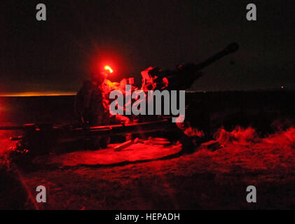 M119a3 crews with 2nd Battalion, 319th Airborne Field Artillery Regiment, 82nd Airborne Division Artillery, work through the dark of night after a mass tactical airborne operations to get the Howitzer laid and in action providing indirect fires for the ground troops on the drop zone. (Capt. Joe Bush, 82nd Airborne DIVARTY/ Released.) CJOAX night 150417-A-BG594-004 Stock Photo