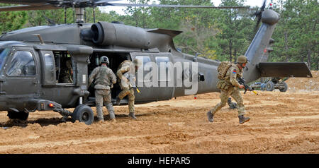 UH 60s sling load two British L118 light guns dropping them and the crews with 7th Royal Horse Artillery and 2nd Battalion, 319th Airborne Field Artillery Regiment down in support of operations during the Combined Joint Operational Access Exercise here on Fort Bragg, N.C. (Capt. Joe Bush, 82nd Airborne DIVARTY/Released) CJOAX Fires 150417-A-BG594-035 Stock Photo